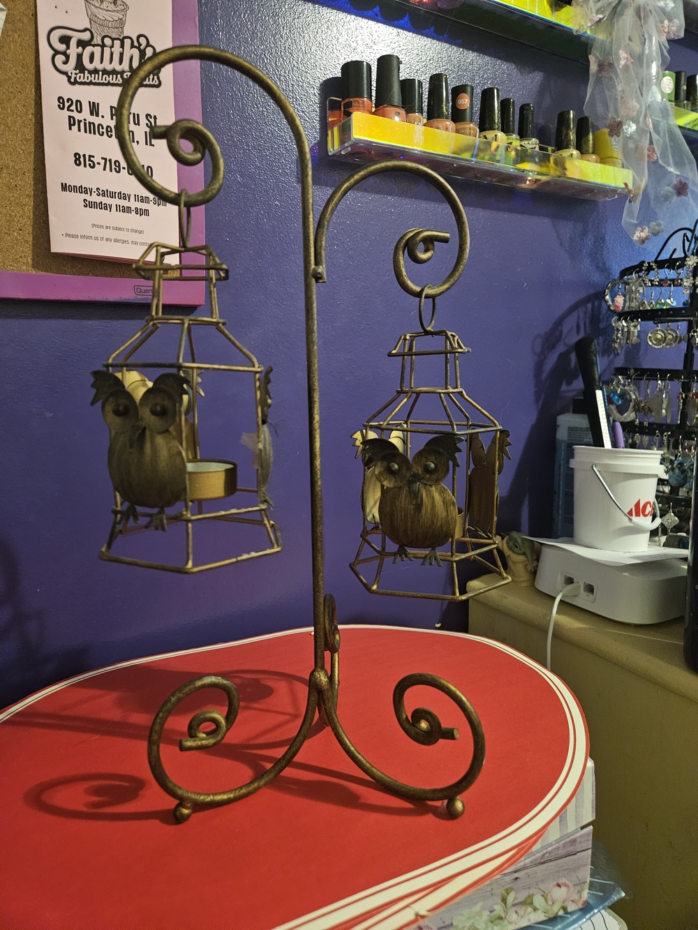 Metal Owl Candle Holder Pair - Gold-Tone Hanging Cage Decor